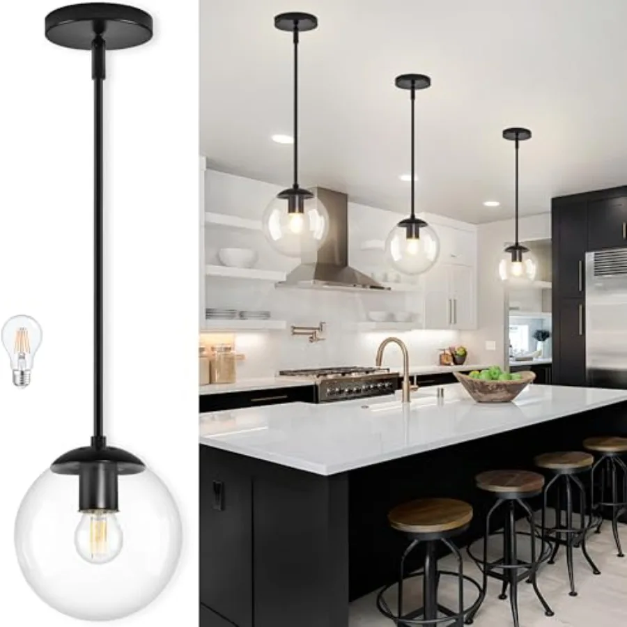 

8 Inch Black Mid Century Pendant Light Globe Clear Glass Fixture Lights Kitchen Island Globe Pendant Light Mid Century Adjustab