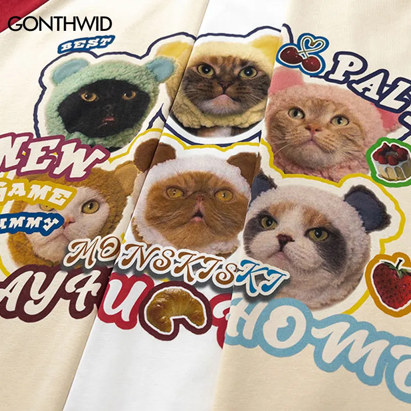 Harajuku Tshirt Funny Cute Cat Family Graphic Print Patchwork T-Shirt Streetwear Hip Hop Fashion Casual Loose Cotton Top Clothes