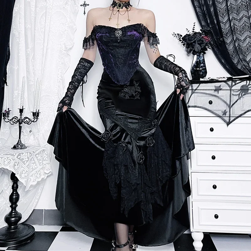 Mall Goth Velvet Fishtail Skirt Women Vintage Jacquard Hip Wrap Fairy Grunge Skirt Victorian Ladies Steampunk Long Skirt