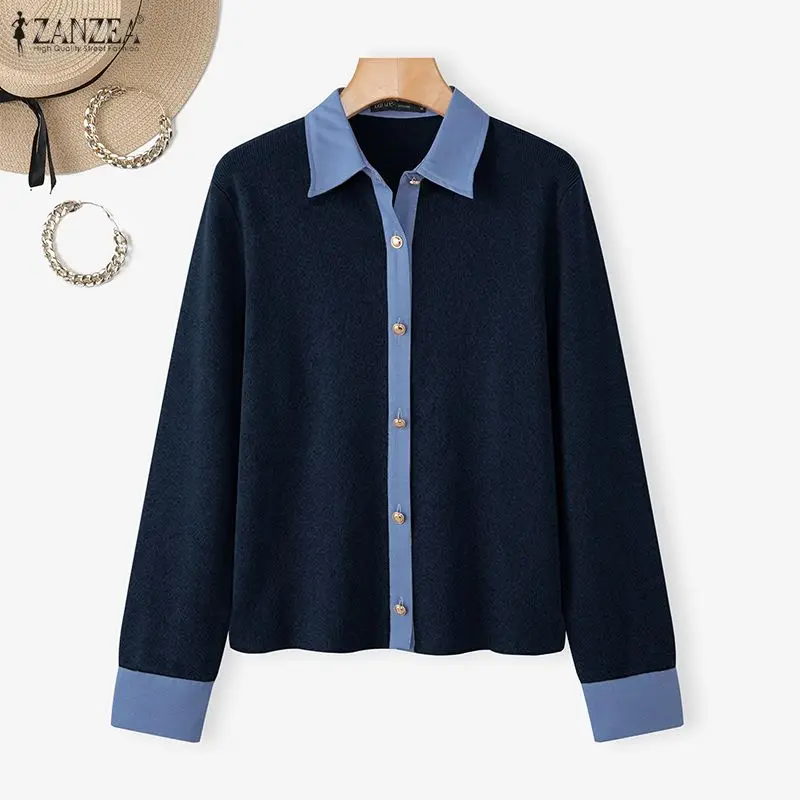 

ZANZEA Fashion Shirts Women Long Sleeve Tunic Tops Color Patchwork Elegant Office Lady Blouse Autumn Blusas Femininas Streetwear