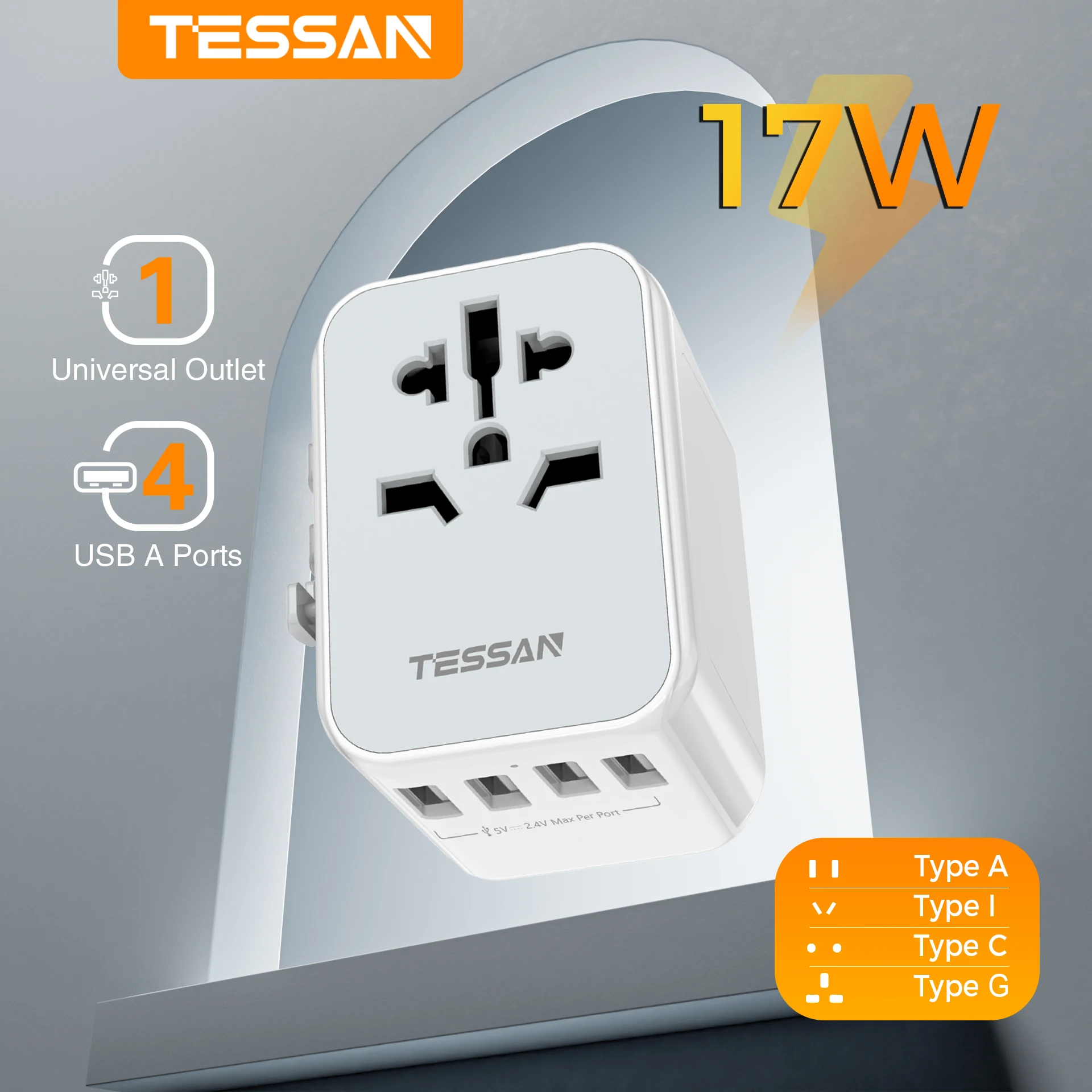 TESSAN Universal Travel Adapter with 3 USB, 1 USB C, International Socket adapter for Germany, USA, England, Australia