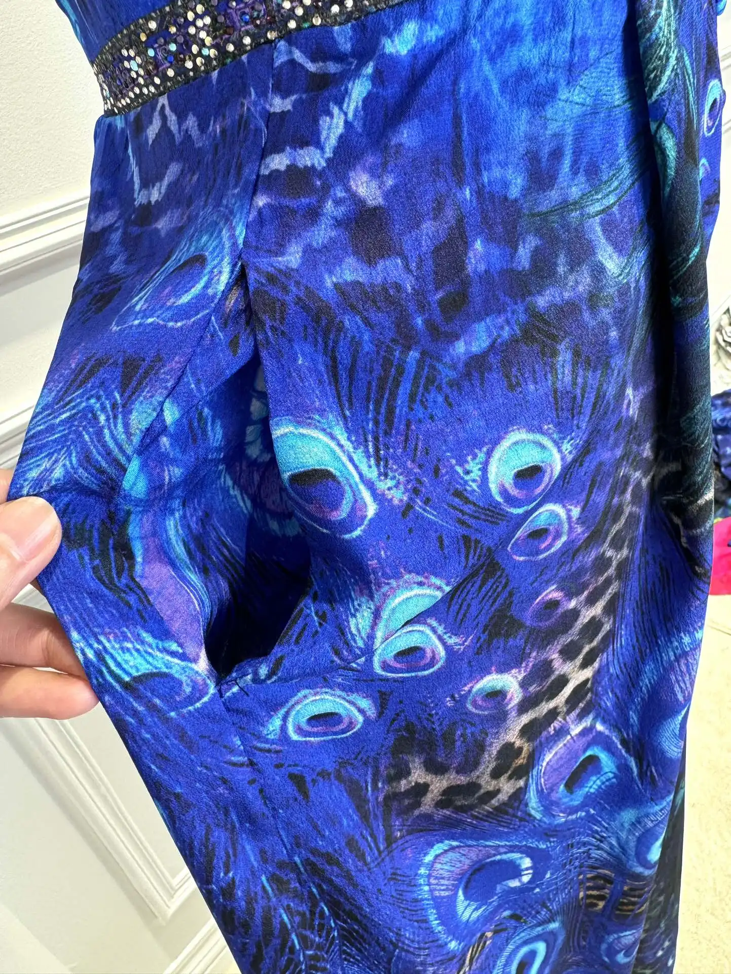 Women's Peacock and Leopard Printed Crystal Beaded Halter V-Neck Sleeveless Jumpsuits