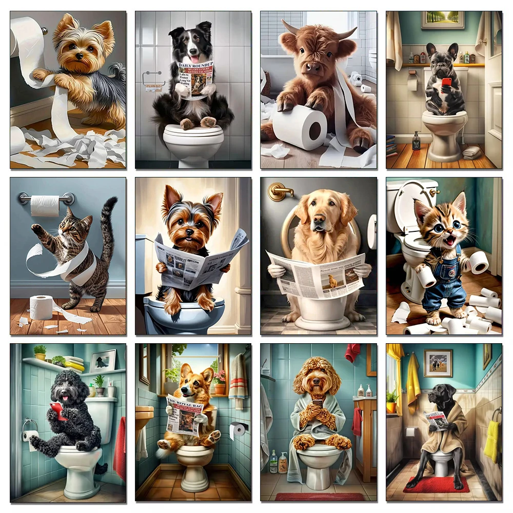 Dog Diamond Painting Cat Toilet Cartoon Diamond Mosaic Animal Full Round/Square Drill Embroidery Funny Bathroom Wall Decor Ar