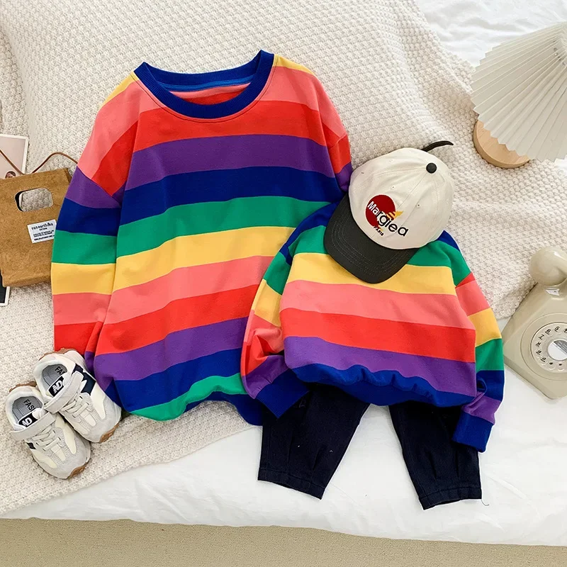 2023 Autumn Family Rainbow T-shirt Long Sleeve Tops Mother Father and Children's Sweatshirts Dad Mom Daughter Son Same Clothes