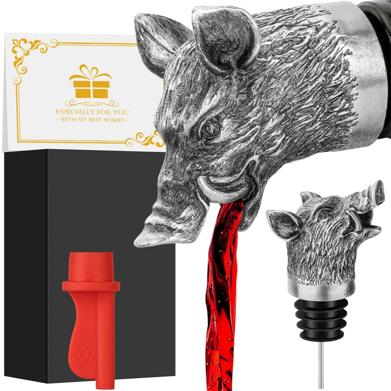 Wild Boar Head Wine Pourer Stopper 2 in 1 Silicone Leakproof Wine Aerator for Bar Kitchen Wedding Party Wine Tool with Box