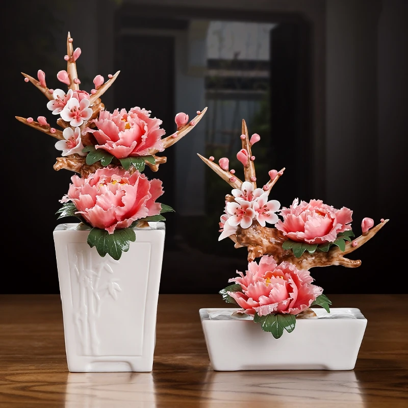 

0042 Ceramic Handmade Simulation Peony Flower Potted Ornaments Home Room Decoration Creative Birthday Gift Chinese Ceramics