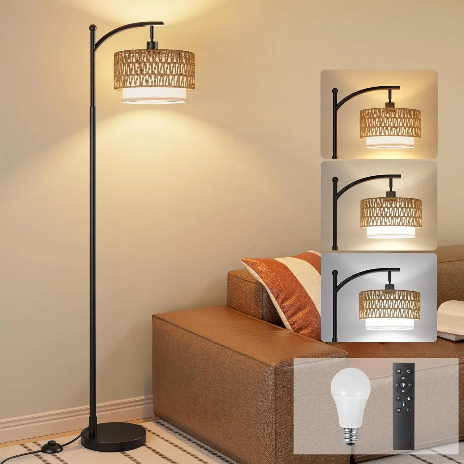 

Arc Floor Lamp with Remote, Rattan & Linen Shades, Dimmable Bulb for Living Room, Bedroom, Office