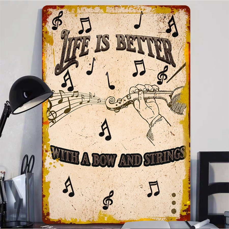 Vintage Music Tin Sign Violin Notes Wall Art Decor Living Room Bedroom Hanging Ornament Creative Home Decoration