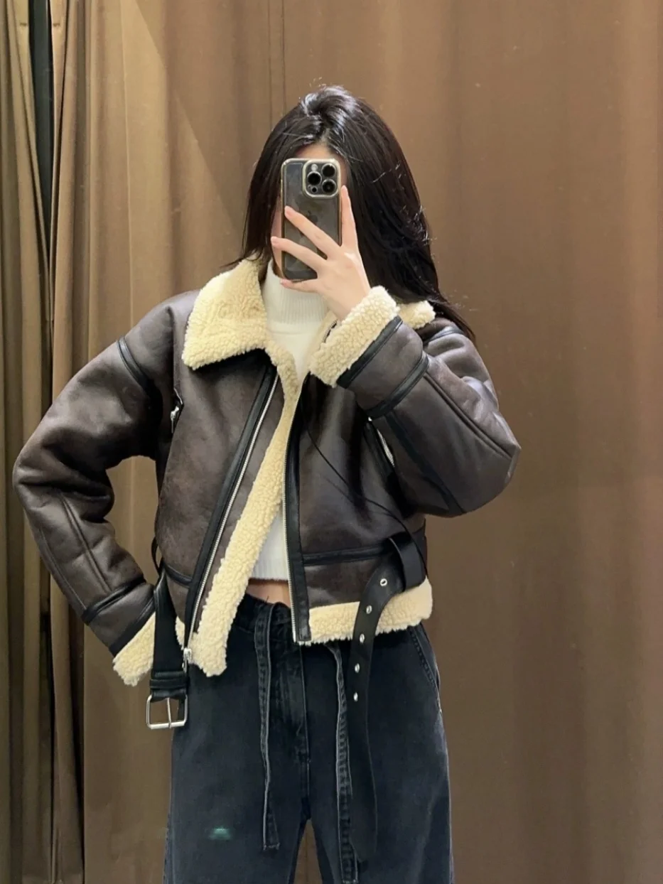 เสื้อโค้ทผู้หญิง WMXZ รุ่นใหม่ประจำฤดูใบไม้ร่วงและฤดูหนาว บุขนเทียม สไตล์ไบค์เกอร์ แบบสองด้าน ให้ความอบอุ่น เหมาะสำหรับใส่เดินทาง