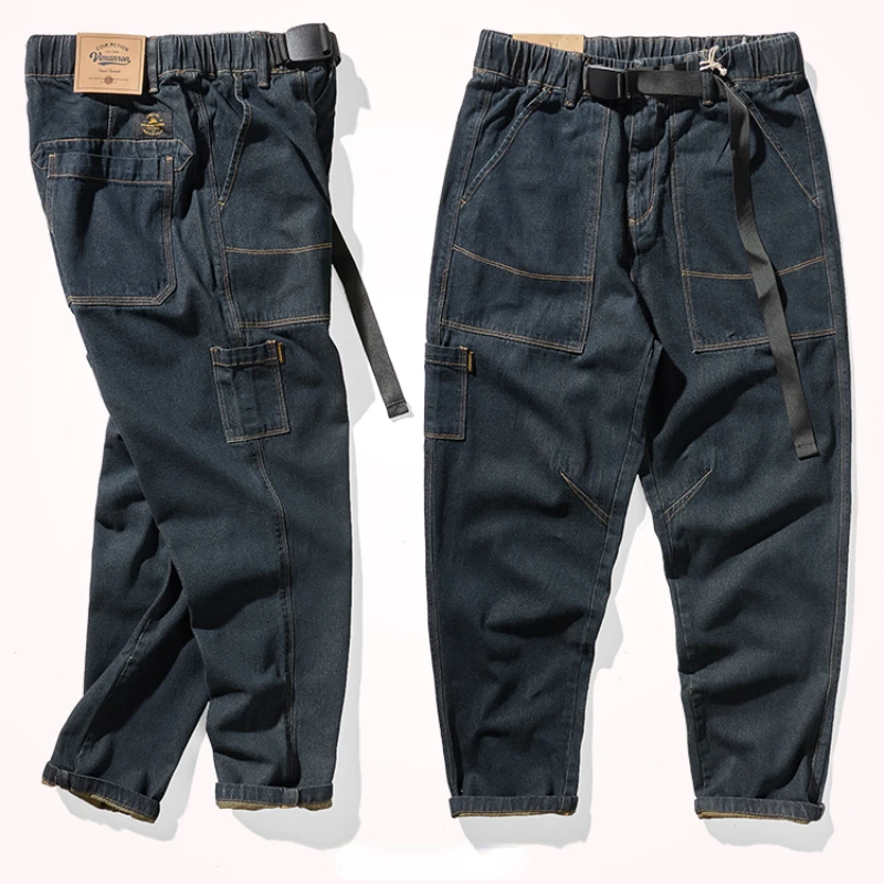 Retro work jeans in autumn men's loose multi-bag straight trousers