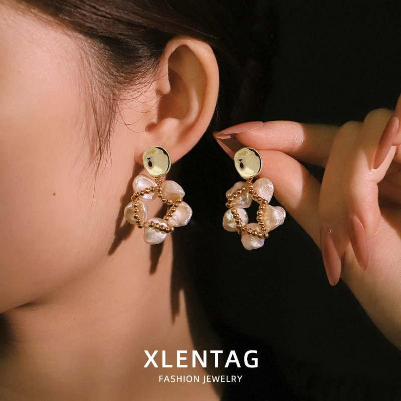 Baroque Natural Pearl Copper Bead Flower Pendant Earrings 18k Gold Plated Luxurious Earrings for Banquet Wedding Wife GE1815 5