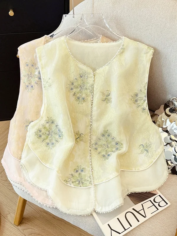 New Chinese Style Heavy Embellished Sequin Vest Women's Sleeveless round Neck Luxury Summer Top Commute Fashion Breathable