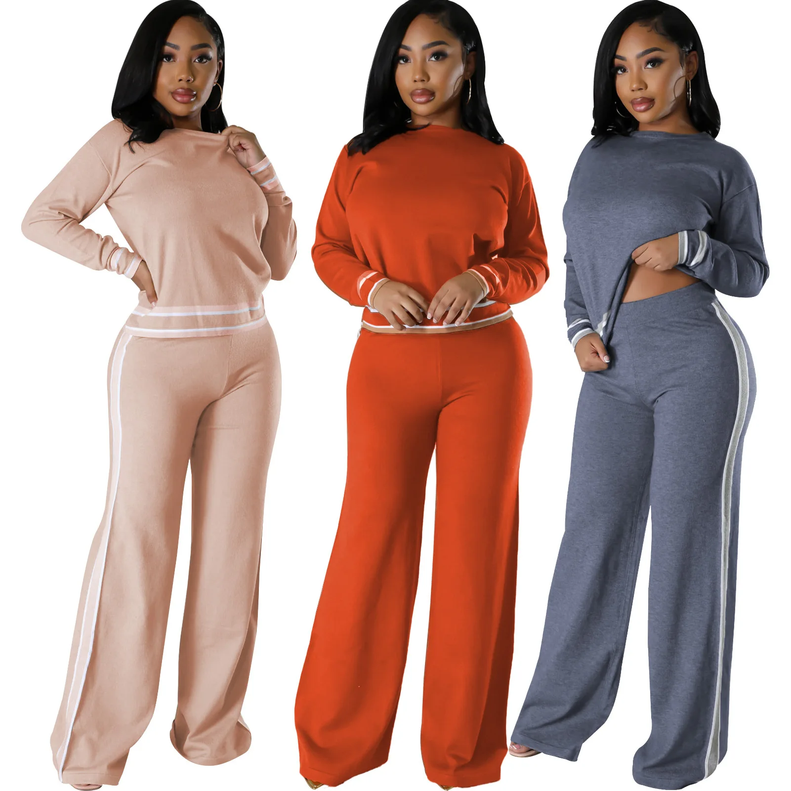 2025 Striped Print Lounge Wear Long Sleeve Crew Neck Pullover Wide Leg Pants Comfortable Conjuntos De Mujer Sets Womens 2 Piece