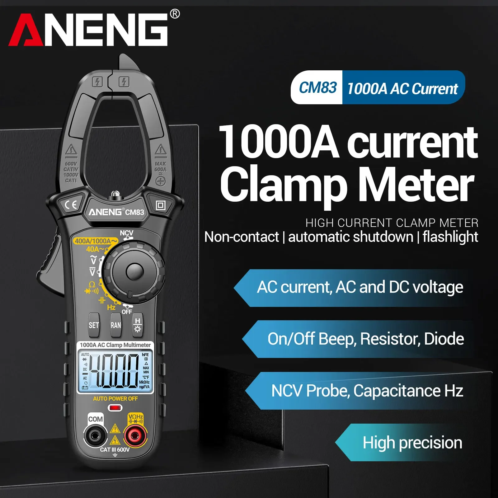ANENG CM83 Digital Clamp Meter 4000 Counts AC DC Voltage Detector NCV Current Resistance Capacitance Frequency Tester Multimeter