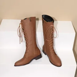 Fashion Round Toe Women Boots Lace-Up Riding Motorcycle Boots Low Heel Knee High Boots Buckle Zipper Female 2025 Botas Brown 43