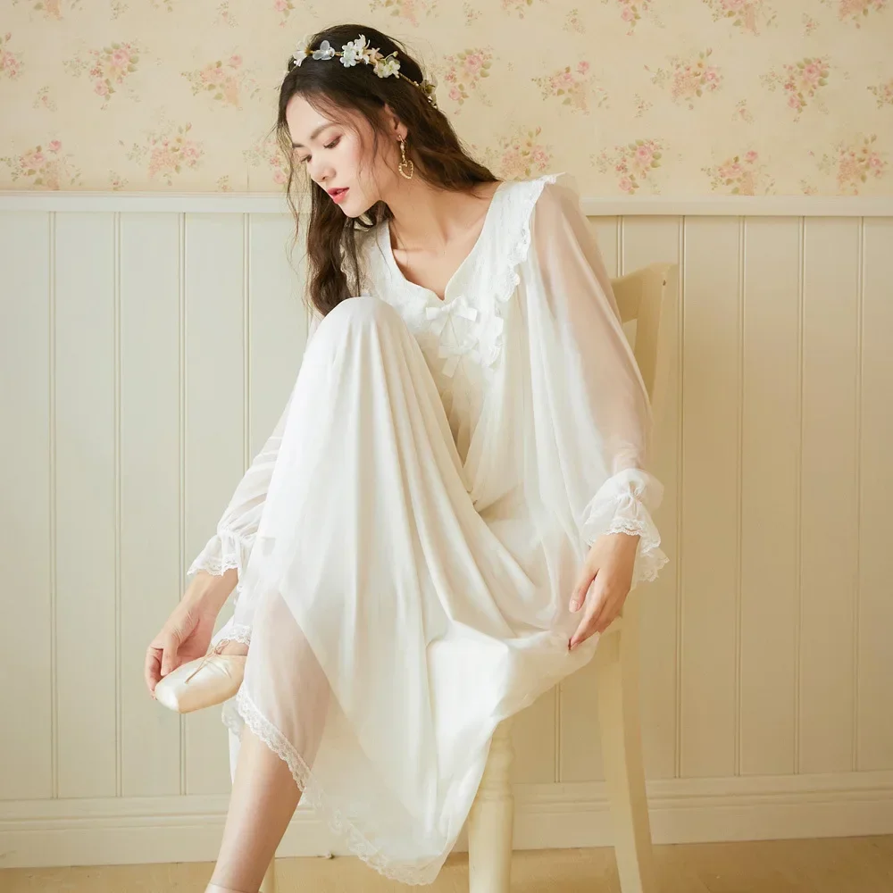 Women Night Dress Dressing Gown Peignoir Vintage Lace Nightgown White Mesh Modal Long Robe Fairy Sleepwear Princess Nightwear