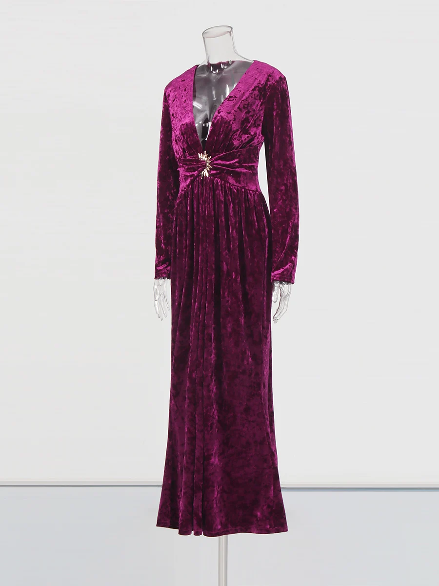 TWOTWINSTYLE Solid Spliced Folds Elegant Velvet Dresses for Women V Neck Long Sleeves High Waist Patchwork Sequined Dress Female
