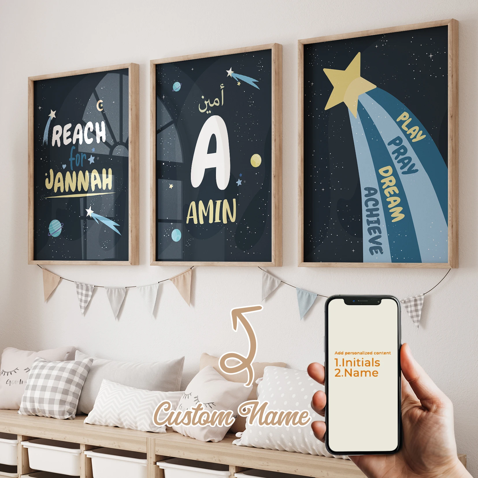 

3pcs Personalized Name Custom REACH FOR JANNAH PRAY DREAM ACHIEVE Meteor Wall Art Print Picture Living Room Kids Room Home Decor
