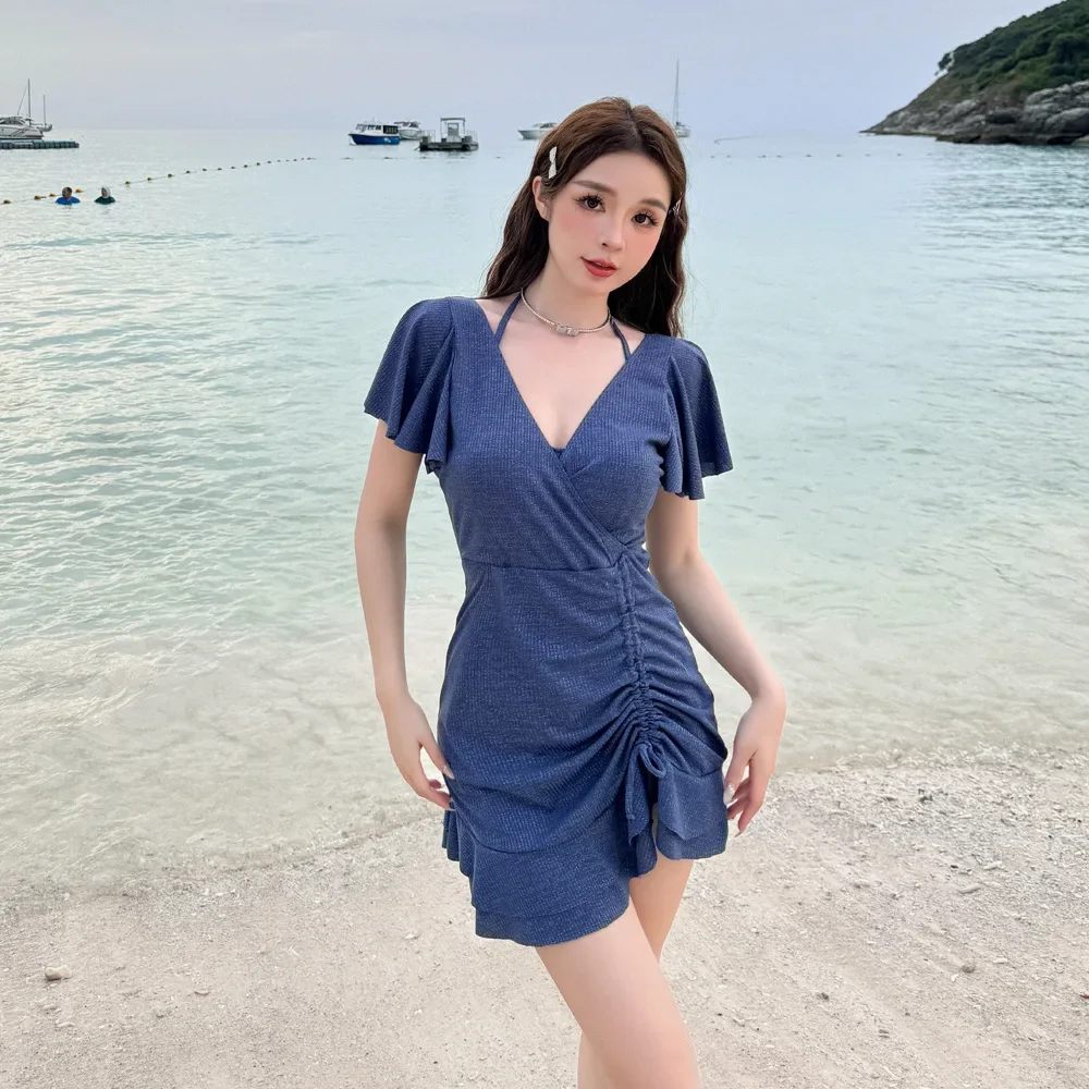 

2025 Ruffle One Piece Swimsuit Women Swimwear Sexy Padded Drawstring Dress Swimming Suit Korean Monokini Beach Wear Bathing Suit