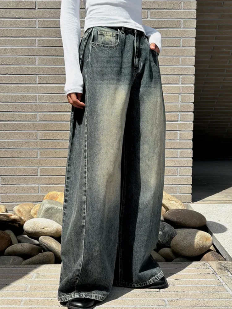 Chic High Waist Wide Leg Jeans Women's Autumn Winter Casual Style Side Pleated Washed out Versatile High Waist Long Pants