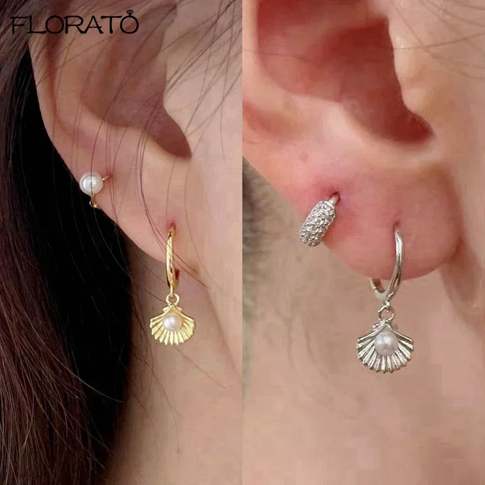 925 Sterling Silver Needle Hypoallergenic Gold-color Hoop Earrings for Women New Shell Pendants Earrings Fashion Jewelry Gifts
