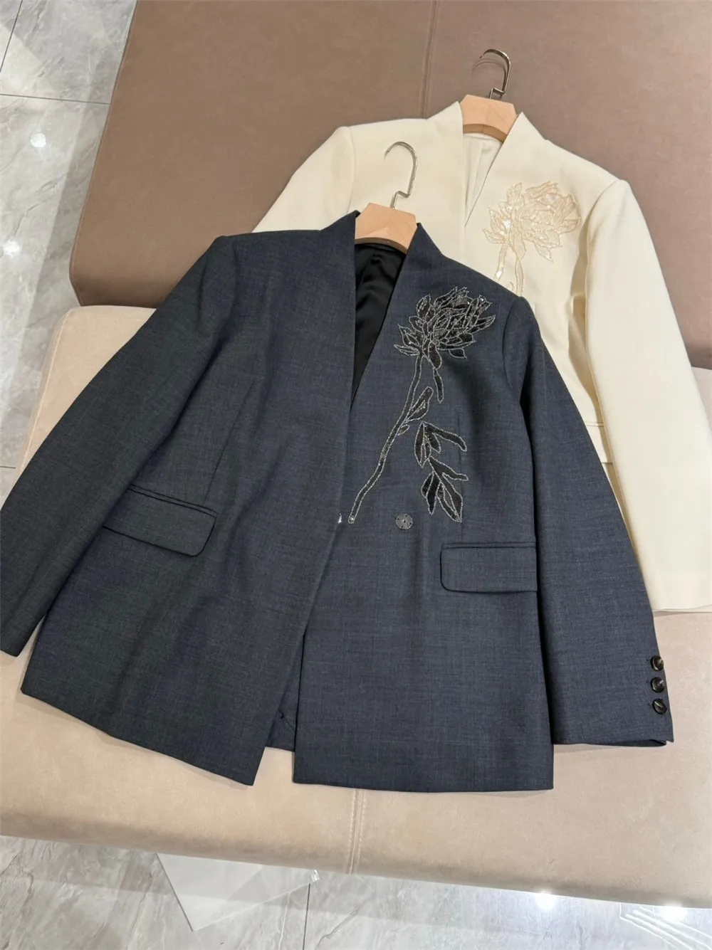 2024 Women\'s Pants 2-piece Set Australian Wool Embroidered Sequin Blazer Jacket+Elastic Waist Straight Pants Leisure Suit