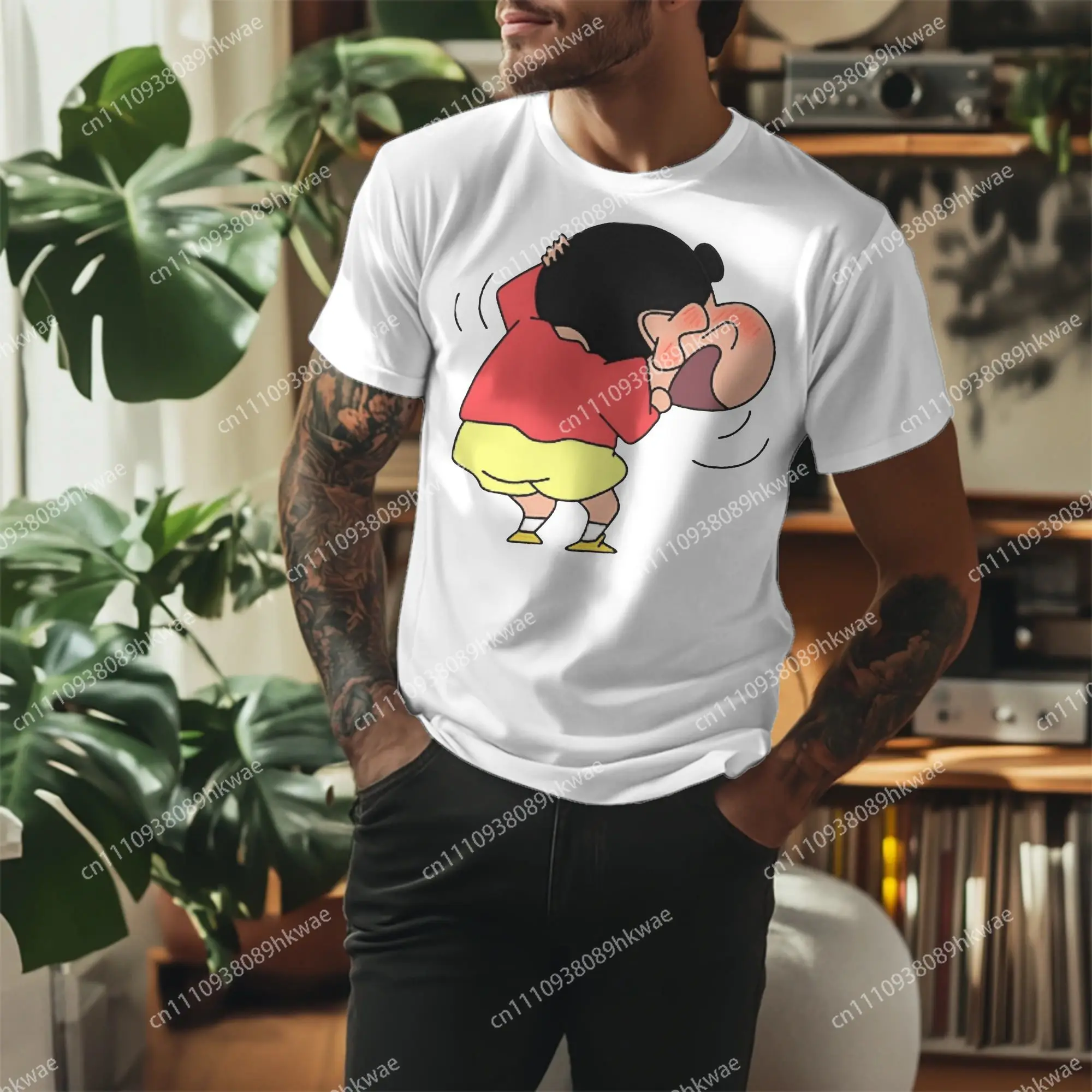 Kawaii Crayon Shin-chan Blushing  Tshirts Men Round Neck Short Sleeve Top Tee  Cotton Summer Clothing