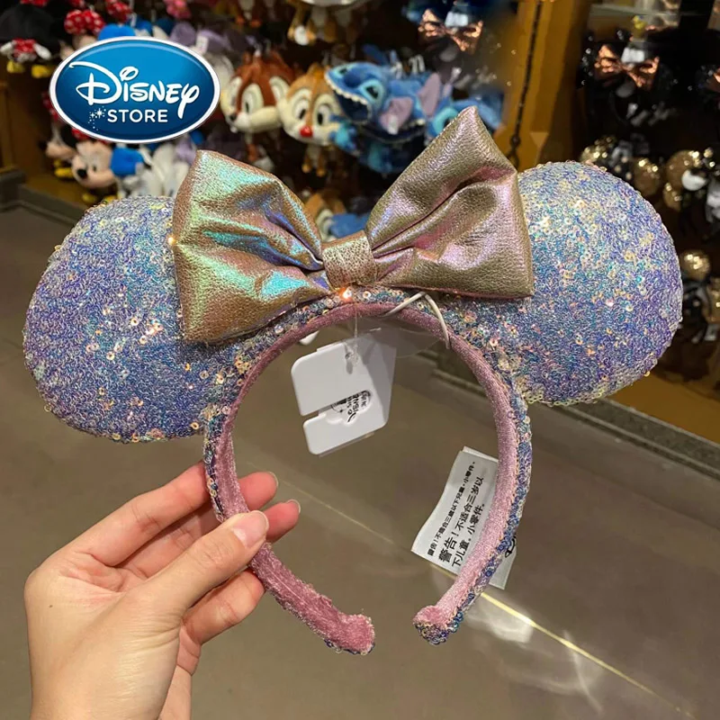 Disney 50th Anniversary Headband Shanghai Disneyland Gradual Change Rainbow Minnie Bowknot Sequins Ear Hairband Hair Headband