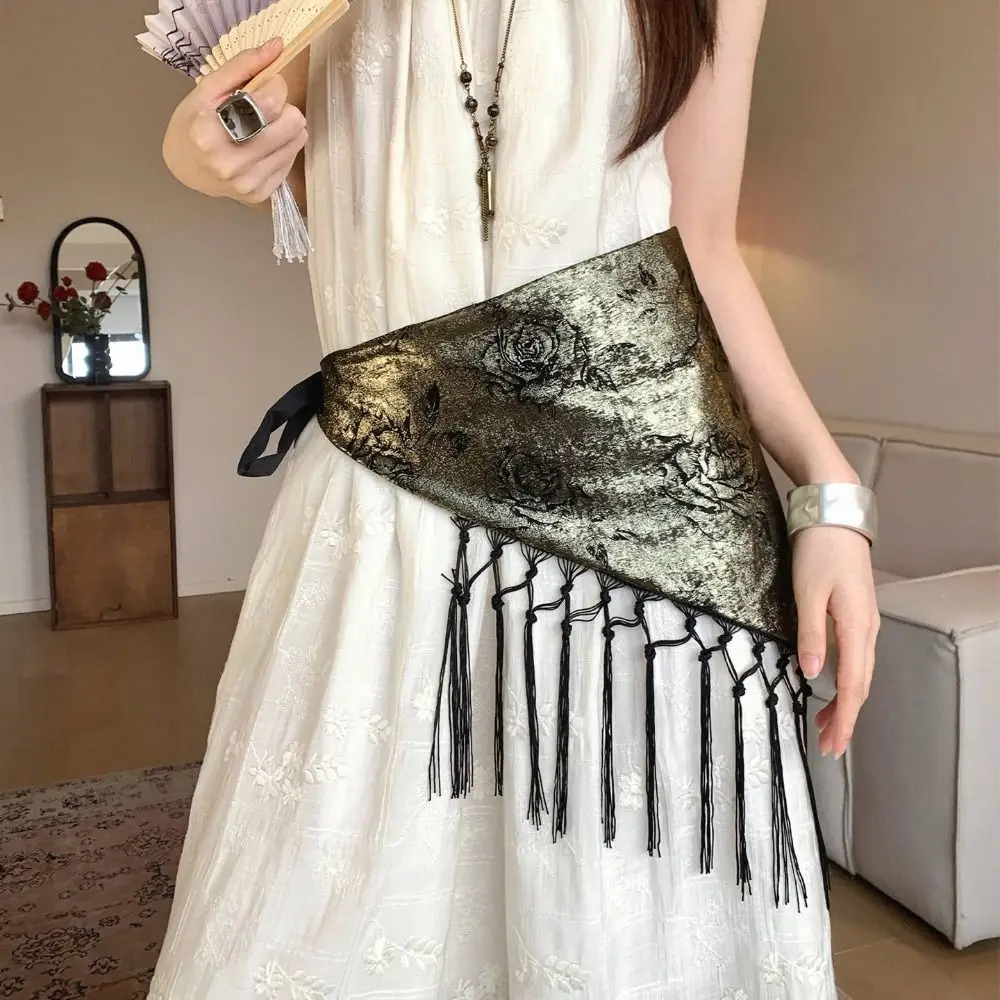 Fashion Chinese Style Triangular Waist Belt Tassel Printing Trim Butt Curtain Ruched High Waist Waist Scarf Dance Practice