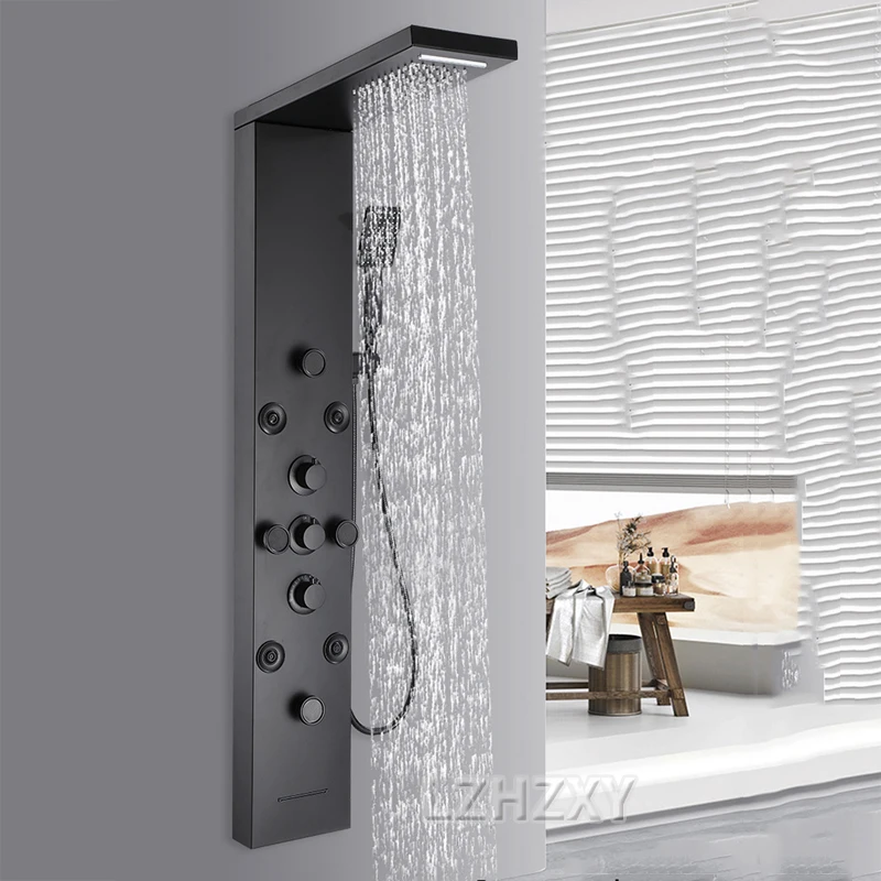 

Black/Brushed Bathroom Shower Faucet Set LED Rainfall Shower Panel System Bathtub Water Mixer Tap Massage SPA Temperature Screen