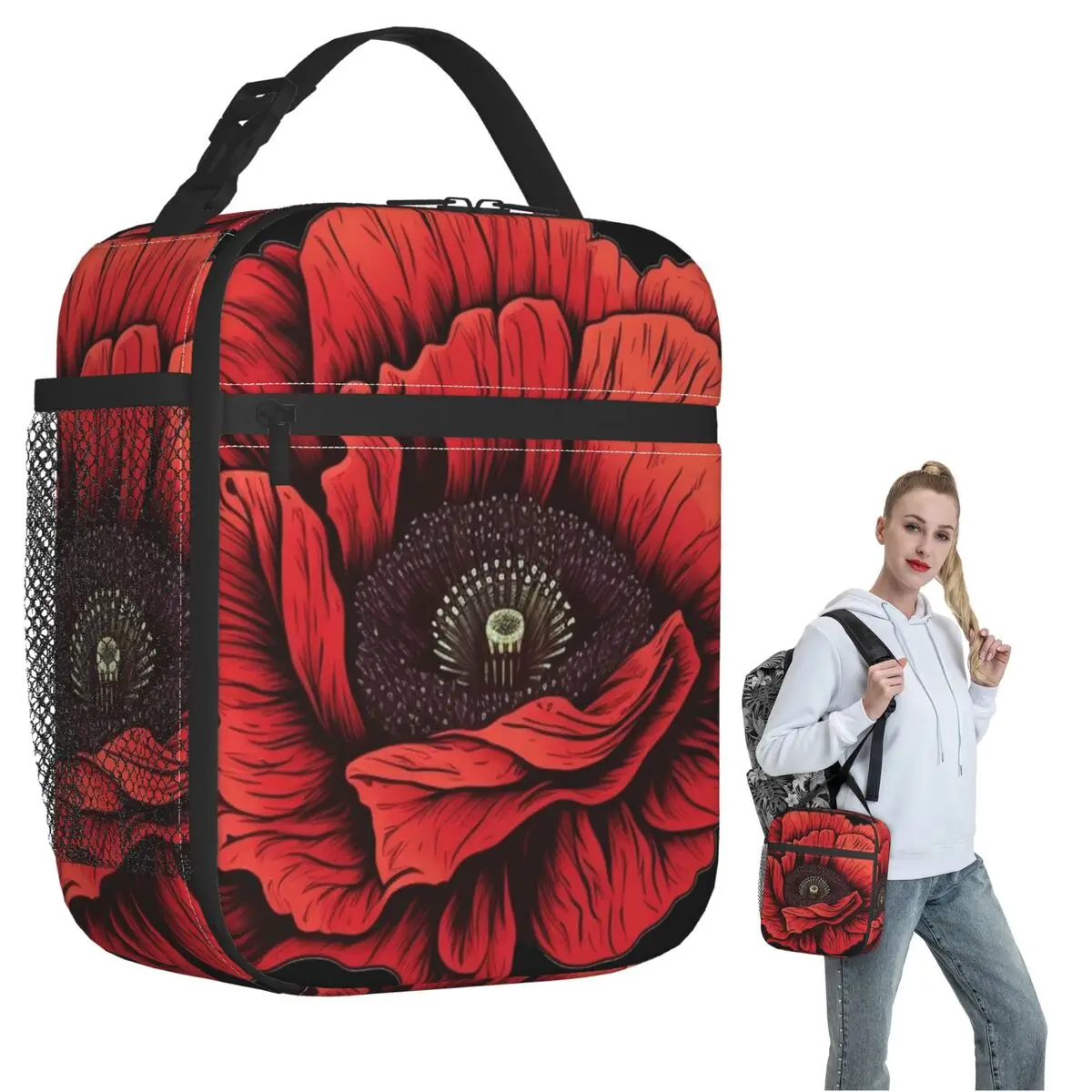 Poppy Field - Red Flower Theme For Red Bubble Insulated Lunch Bag for Women Kids Portable Food Boxes Thermal Lunch Box Tote