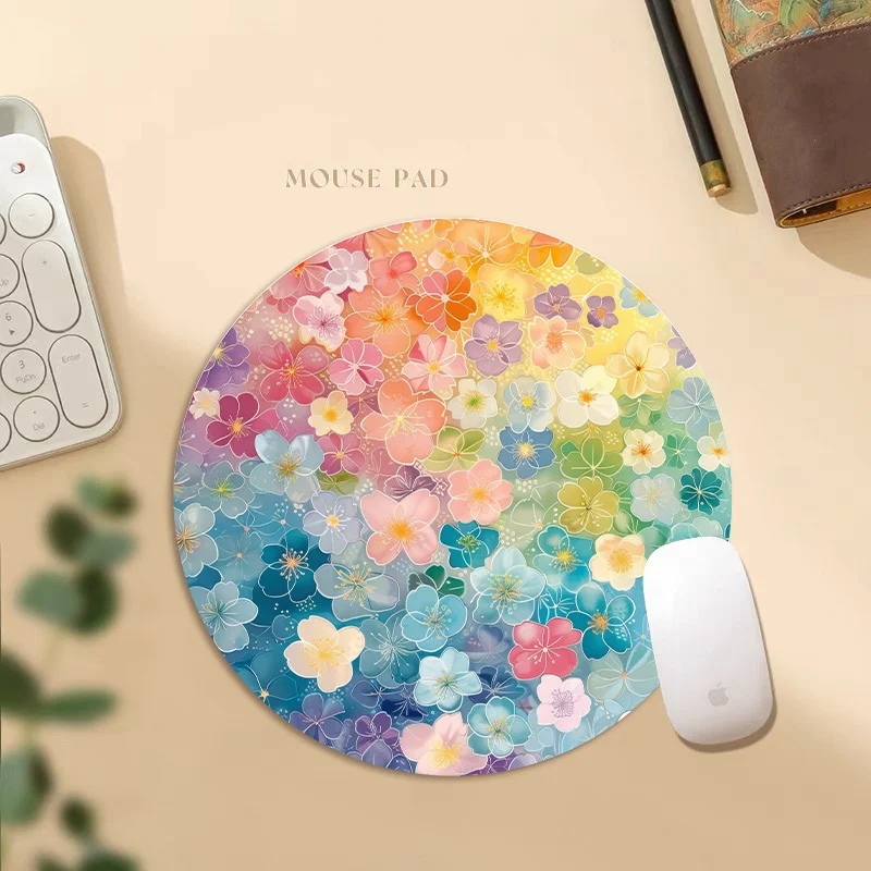 Round Mouse Pad Rainbow Cherry Blossom Small Non-slip Rubber Desktop Computers Kawaii Desk Accessories Mousepad Keyboard Mat