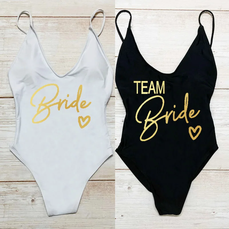 

Team Bride love Swimwear Women One-Piece Swimsuit Woman Beach Wear Sexy Padded Wedding Party Bathing Suit Summer Bodysuit Bikini