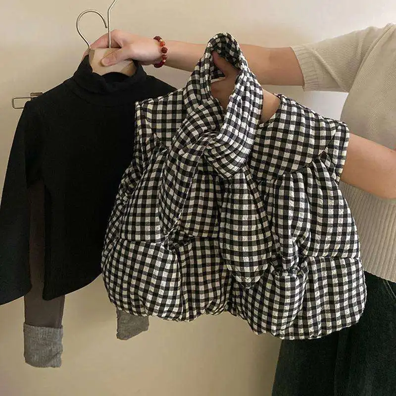 

2025 Autumn Winter New Girls Puffer Vest Korean Fashion Casual Daily Plaid Warm Sleeveless Coat Kids Outerwear