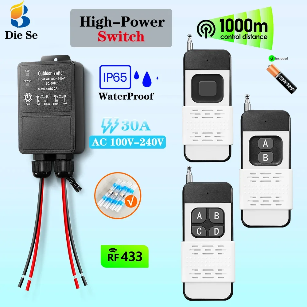 433MHz Universal Wireless Remote Control Switch Transmit 1000M 110V 220V High Power WaterProof Receiver Relay for Pump Lamp Fan