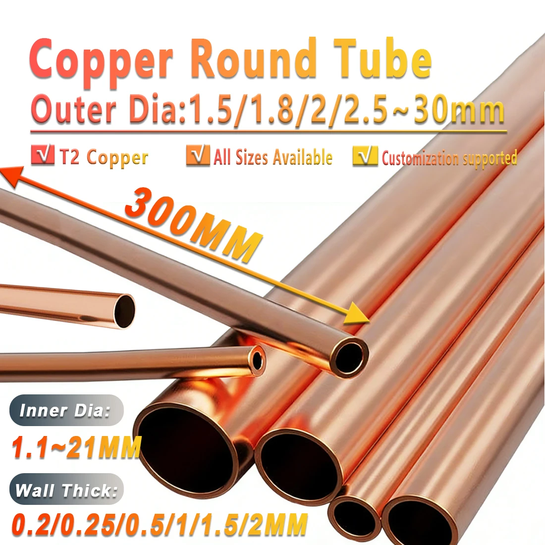 Copper Tube OD1.5-25mm Length 300mm Round Copper alloy Pipe Straight red Copper Precise Thickness 0.2-2mm