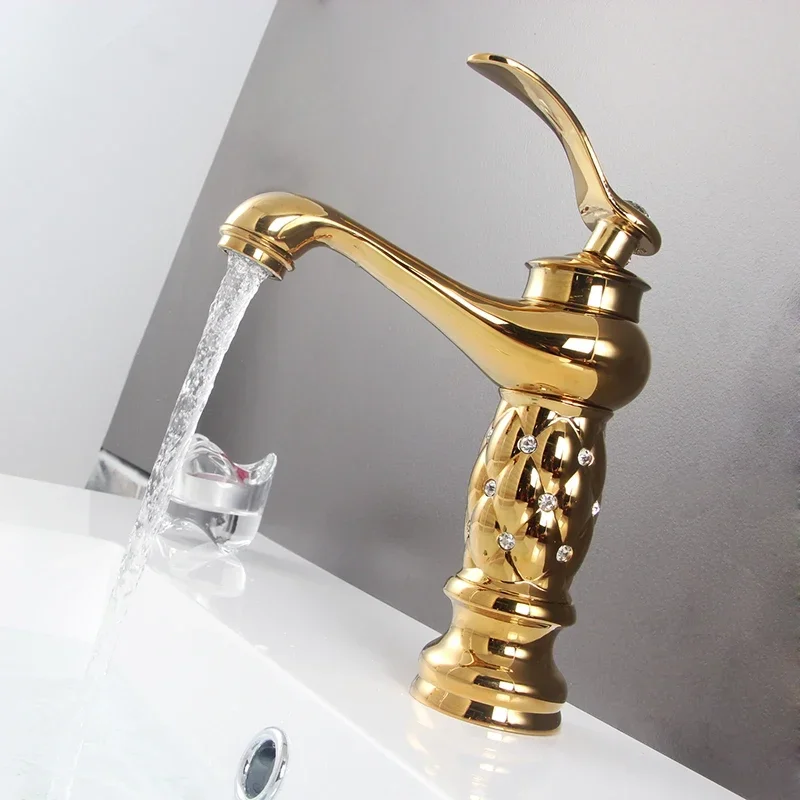 Gisha Deck Mount bathroom basin gold faucet Brass with Diamond/crystal body tap New Luxury Single Handle hot and cold tap