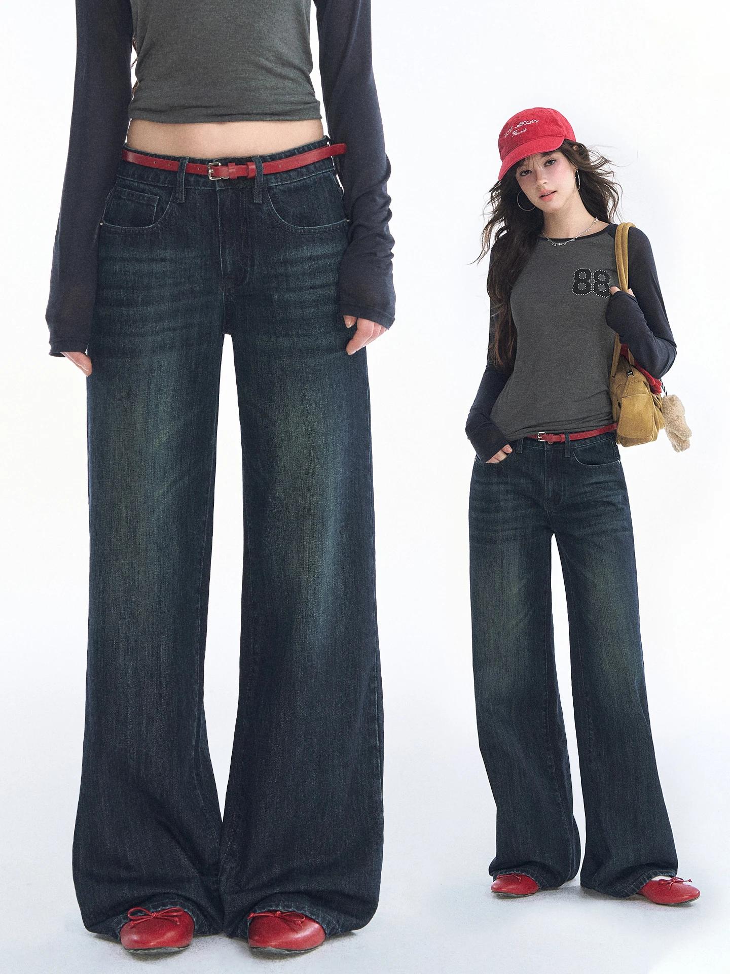 AsGony Vintage Washed Red Belted Cotton Denim Jeans Loose Fit Casual Straight Leg Long Pants Women's Love Asgony