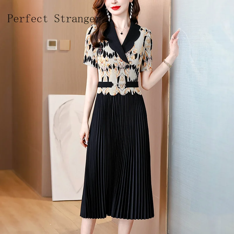 

2024 Summer New Three Mansion Pleated Turn-down Collar Short Sleeve Vestidos Elastic Pleated Slim Women Long Dress