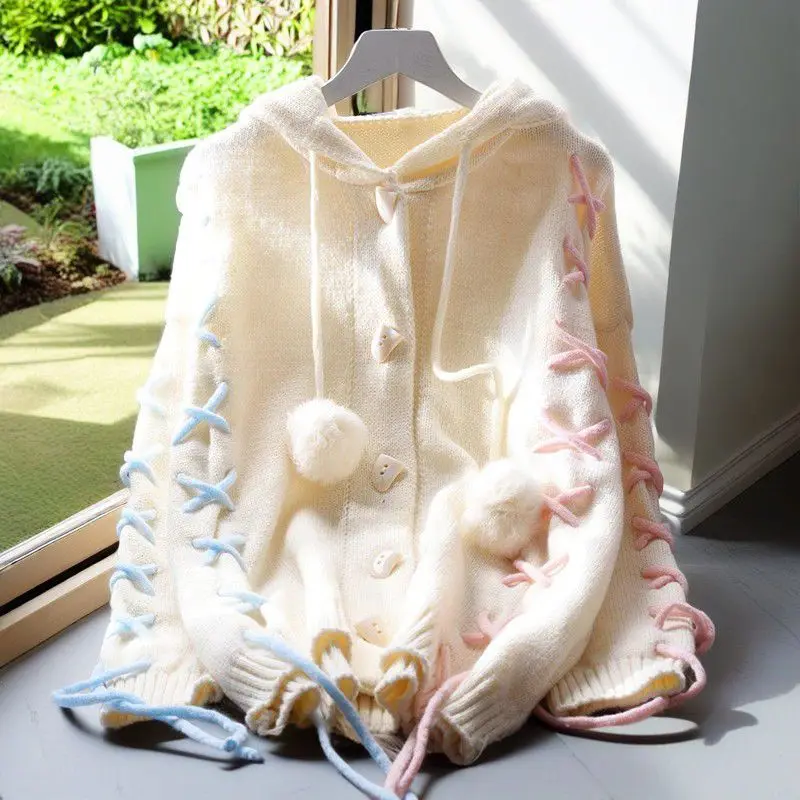 

Japanese Lazy Hoodie Cardigan Coat Women Loose Long Sleeve Knitted Tops 2025 Spring Autumn New Mid-length Sweaters Mujer