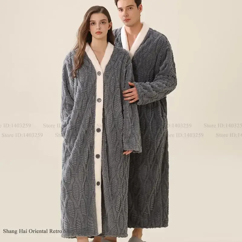 

Autumn Winter Couple Sleepwear Long Robe Bathrobe Thick Flannel Women Nightgown Home Dress Warm Coral Fleece Unisex Nightwear