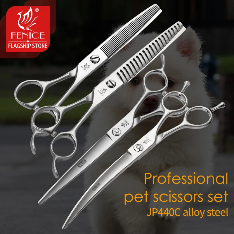 

Fenice Dog Scissors Set 6/6.57/7.5inch Straight&Thinning&Curved&Chunker Pet Grooming Scissors Kits Dog Grooming Shears Set Tool