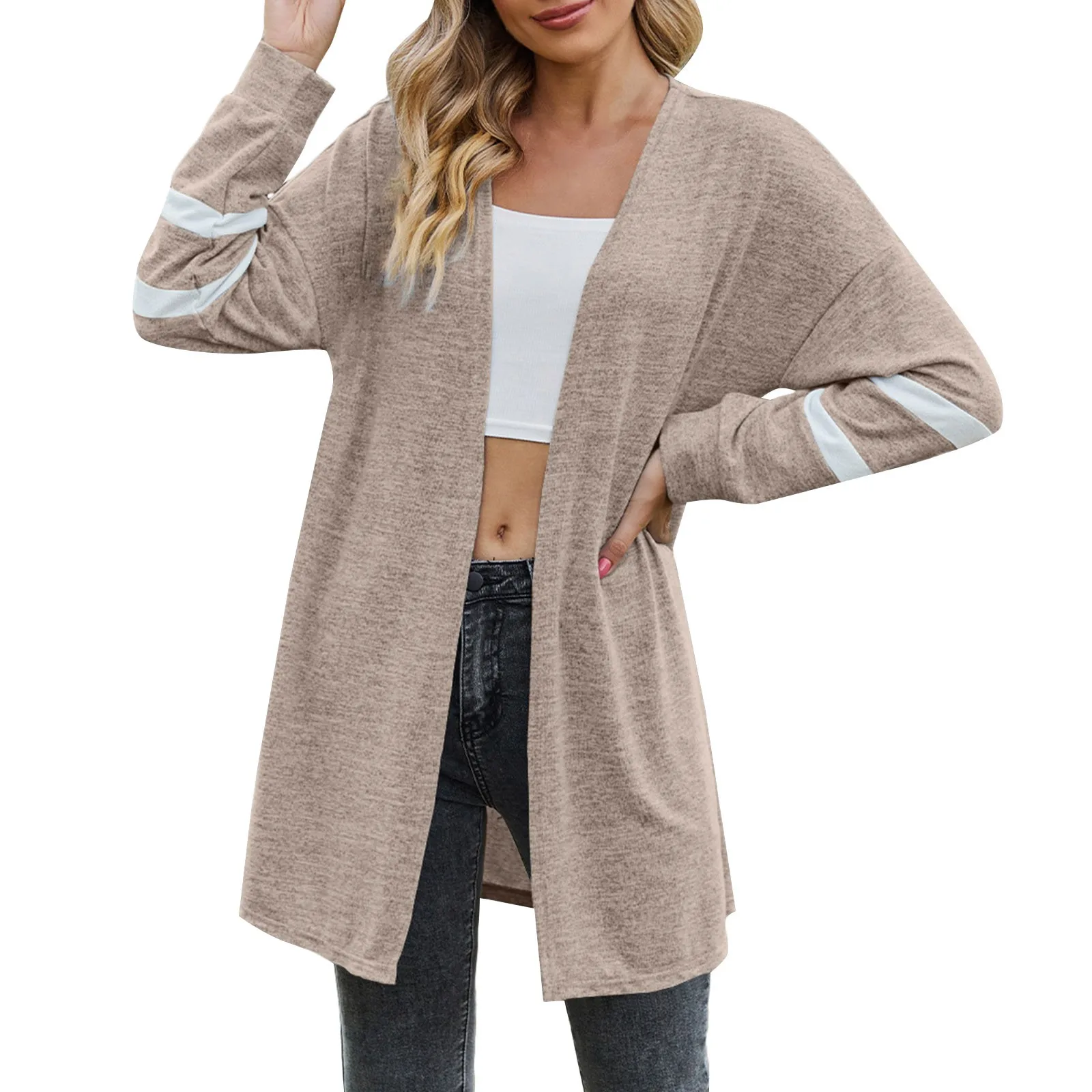 Costura de manga comprida feminina cardigan de malha, jaqueta casual elegante