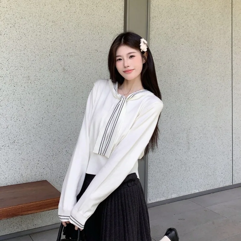 

Women Autumn Winter Korean Preppy Style Sailor Collar Solid Color Long Sleeve Knitwear Ladies Fashion All-match Trend Sweet Tops