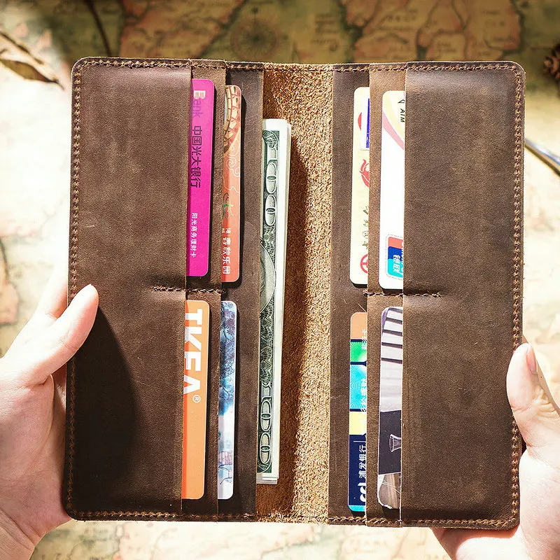 GENODERN skóra Crazy Horse długie portfele dla mężczyzn oryginalne męskie portfele skórzane Vintage męski portfel