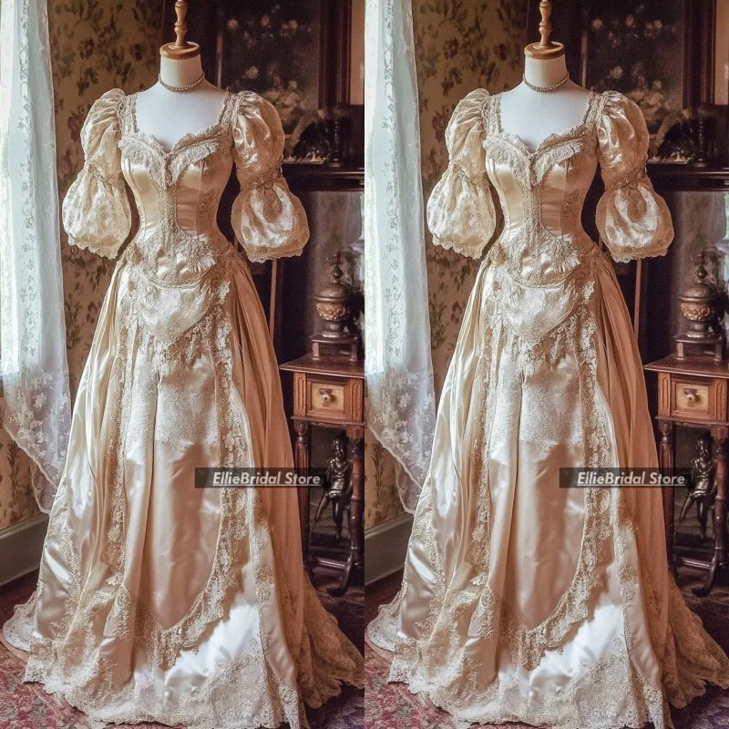 Retro vitoriano vestidos de casamento meia manga elegante histórico halloween uma linha rendas vestidos de noiva noiva vestido de noite personalizado