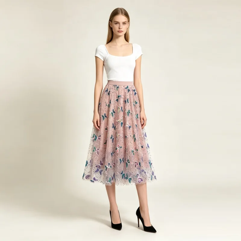 Women Pink Tulle Midi Skirt Iridescent Sequin Butterfly Embroidery Mesh Skirt High Waist Flowy A Line Elegant Party Long Skirts