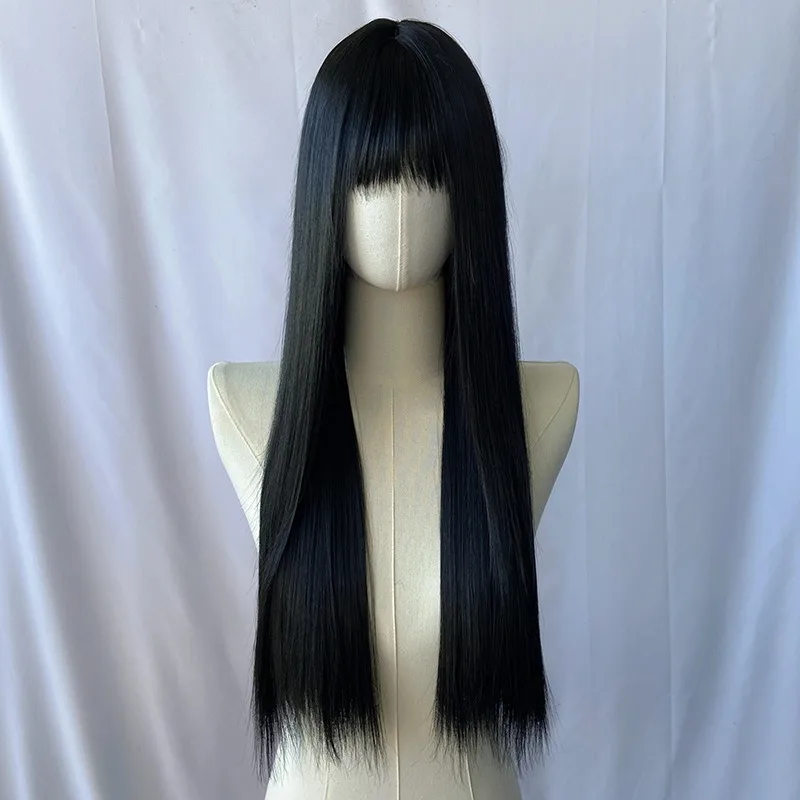 Colored Flat Bangs Long Straight Synthetic Wig for Women