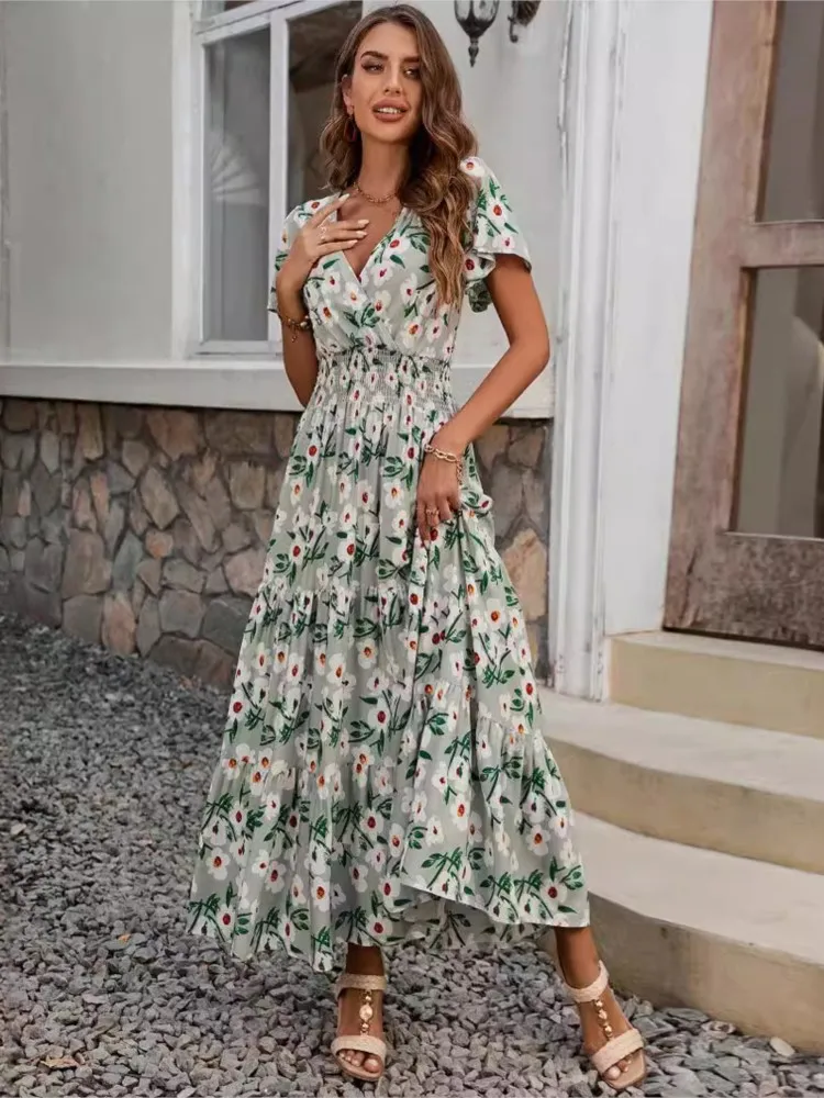 Elegant Print Dress Lady Short Sleeve V-Neck Pullover High Waist Dresses Robe Femme Fashion Boho Holiday Dresses Summer New