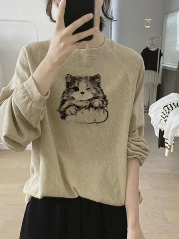 Damska luźna bluzka z okrągłym dekoltem, długa, cienka, z białego lnu, z motywem kreskówkowym, idealna jako baza pod ubranie.